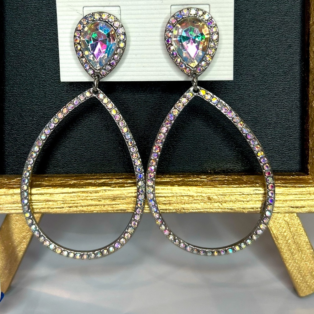Stunning Silver and Irridescent Earrings Teardrop Shape and Glittering Stones
